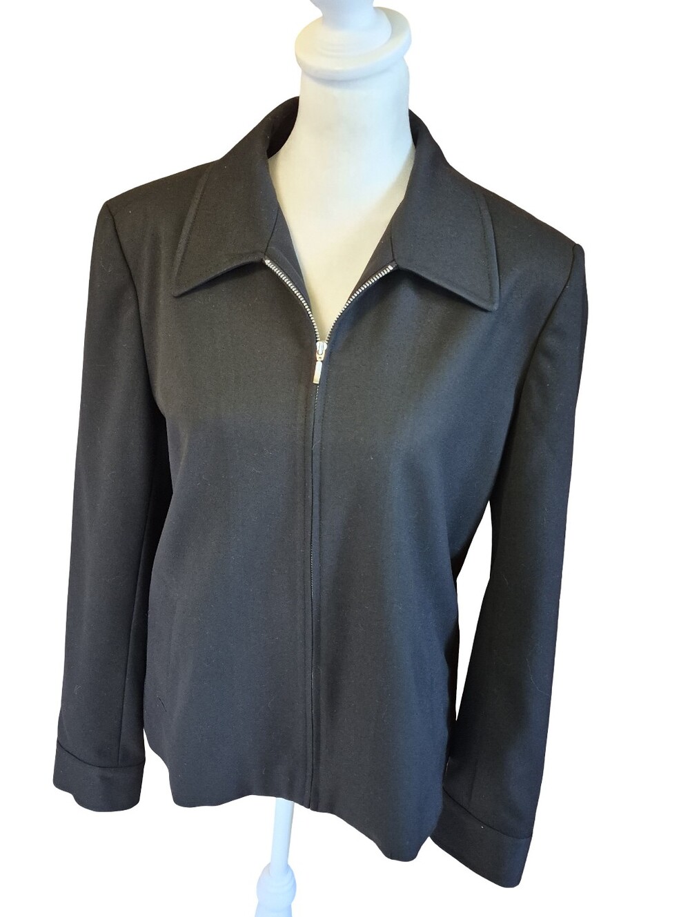 david brooks Black Zip-Front Blazer Jacket with Pointed Collar